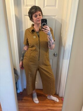 Lucy & Yak Mustard and Brown Checker Zip Jumpsuit